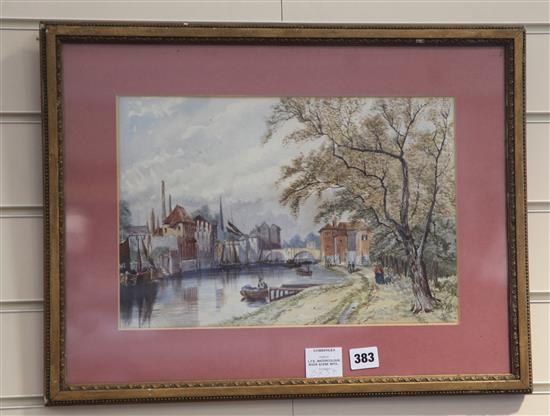 L.F.S., watercolour, River scene with buildings and figures, signed monograms, 25 x 37cm